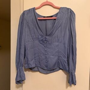 Zara Blue Puff Sleeve V-Neck Blouse